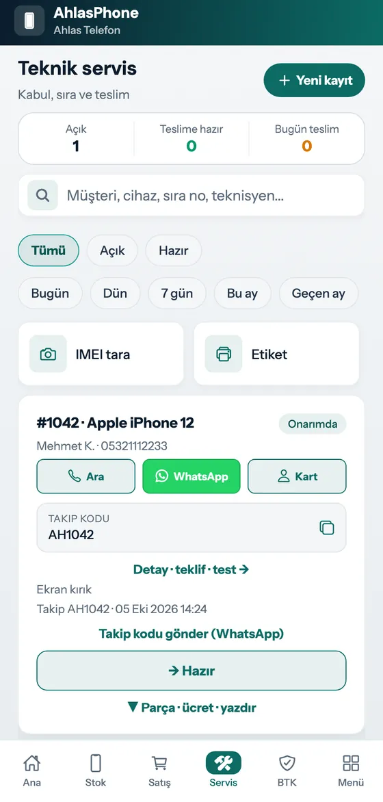 Teknik servis: kabul, durum ve takip kodu