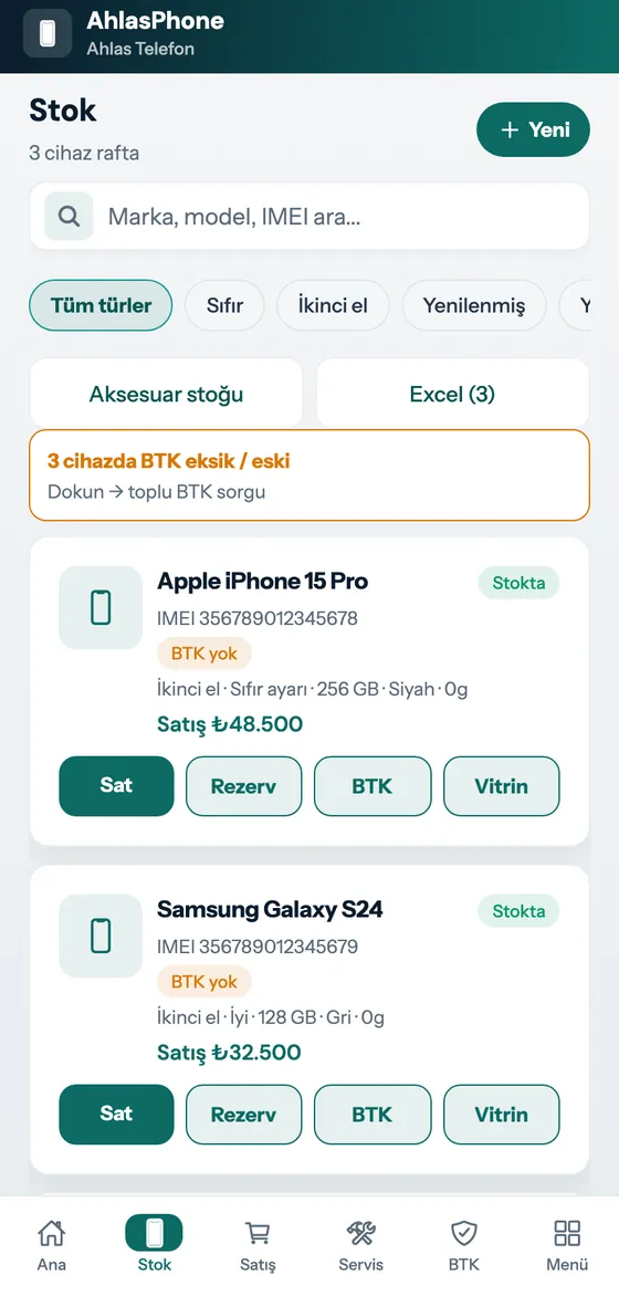 Stok: IMEI, durum, satış fiyatı ve vitrin